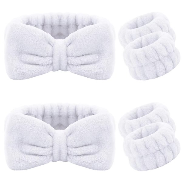 6 Pieces Spa Headband Wrist Washband Scrunchies Cuffs for Washing Face, Towel Wristbands Hair Headband Face Wash Wristband for Women Girls Makeup Prevent Liquids from Spilling Down Your Arms (White)