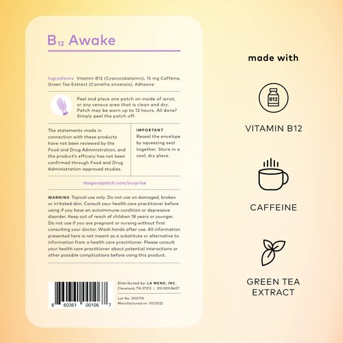 The Good Patch B12 Awake Patch with Plant-Based Ingredients, Infused with Caffeine, B12, and Green Tea Extract, Designed to give Your Day a Boost (16 Total Patches)