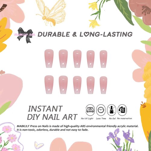 Press on Nails Medium Coffin MABKJLF French Fake Nails Pink Full Cover White Gradient False Nails with Designs Glossy Glue on Nails Acrylic Nails Artificial Nails for Women Girls 24Pcs