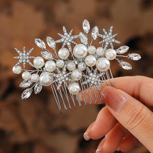 YBSHIN Bride Wedding Pearl Hair Comb Sliver Rhinestone Star Hair Pieces Crystal Bridal Hair Accessories for Women