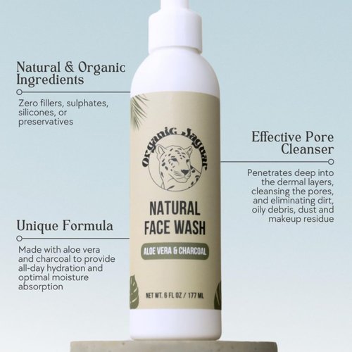 Organic Jaguar Aloe Vera and Charcoal Face Wash for Skin Care, Makeup Remover, Hydrating Facial Cleanser with Hyaluronic Acid, Pore Cleaner, Cleansing Skincare for Oily to All Skin Types, 6 fl oz