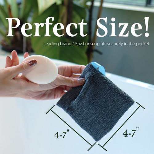 myHomeBody Soap Pocket Squares Exfoliating Soap Saver Pouch, Body Scrubber, Exfoliator Sponge for Bath or Shower, for 5oz Bar Soap or Leftover Bits, Graphite Gray, 3 Pack + 2 Soap Lifting Pads