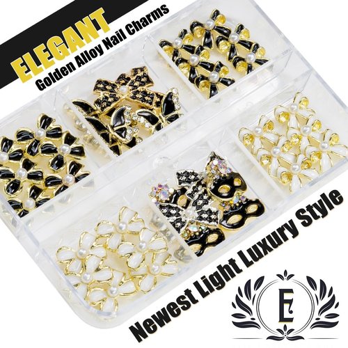 qiipii 36Pcs Elegant Cute Charms for Nails Bow Butterfly Mask Luxury Kawaii Charms Black White Nail Rhinestones Pearls Charms 3D Alloy Nail Gems Cute Nail Art Supplies for Acrylic Nails DIY Crafts