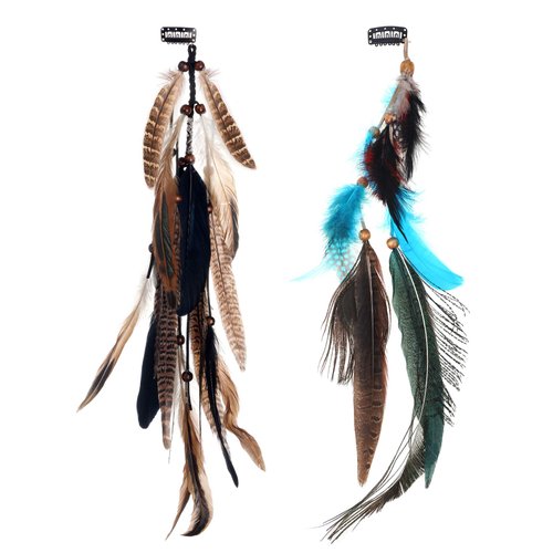 MWOOT 2Pcs Feather Hair Clip-in Extensions for Women Halloween Cosplay Costume Carnival Party Headdress, Handmade Bohemian Hippie Hair Clip Comb, Mixed Peacock Pheasant Tails Feather Clips Black Brown