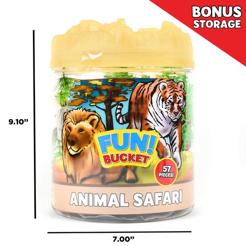 Sunny Days Entertainment Wild Animal Adventure Safari Bucket – 57 Piece Toy Play Set for Kids | Plastic Jungle Figures Playset with Storage Container