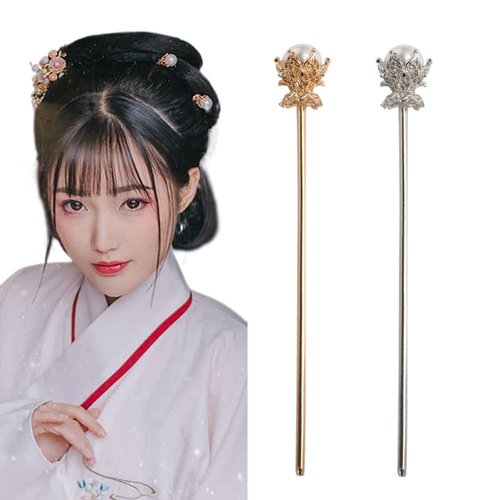 Pokinge 2Pcs Vintage Pearl Metal Hair Stick Elegant Chignon Hairpin Classic Imitation Pearls Hairpin Chinese Updo Hair Stick Women Headwear For Girl