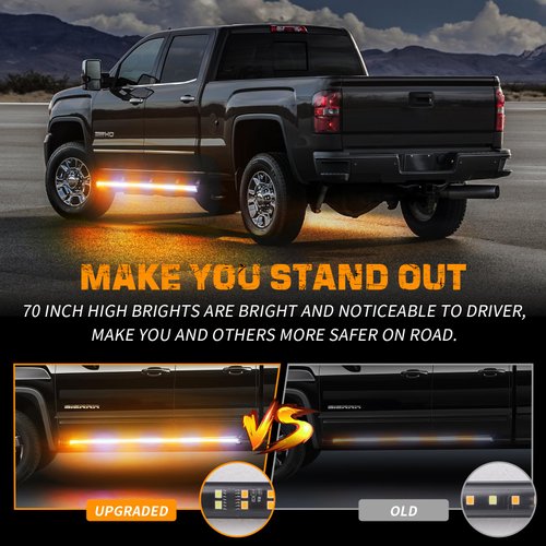XRIDONSEN 2PCS 70 inch Truck Emergency Strobe Lights Strip 864 LED Running Board Lights Bar Amber White Flashing Warning Hazard Safety Light Waterproof Flexible for Trucks Construction Vehicles Pickup