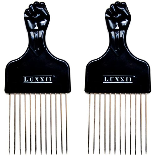 LUXXII (2 Pack) 6.75" Black Fist Metal Afro Pick Lift Hair Comb Detangle Wig Braid Hair Man Styling Comb