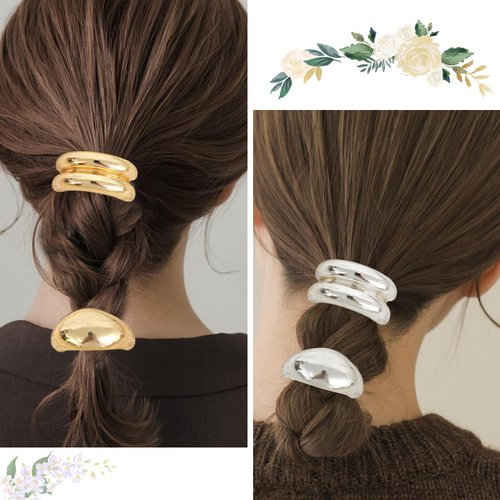 Metal Ponytails Hair Cuffs Gold & Silver Metal Hair Ties, Gold Metal Geometric Elastic Hair Ties, Fashion Glossy Arch Ponytail Hair Tie for Women Hair Accessories 4PCS