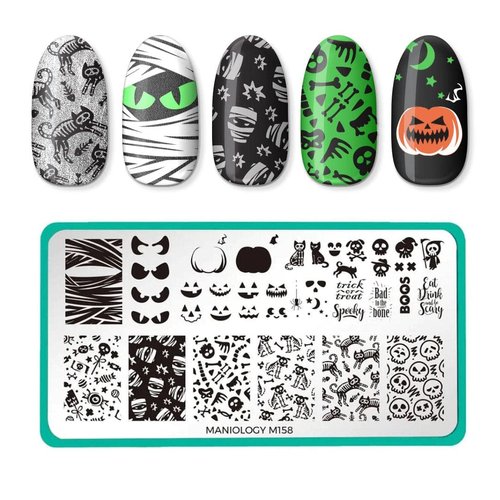 Maniology Bad to the Bone (M158) Nail Stamping Plate, Halloween Nail Art Design, Bone Skeleton Skull Mummy Manicures