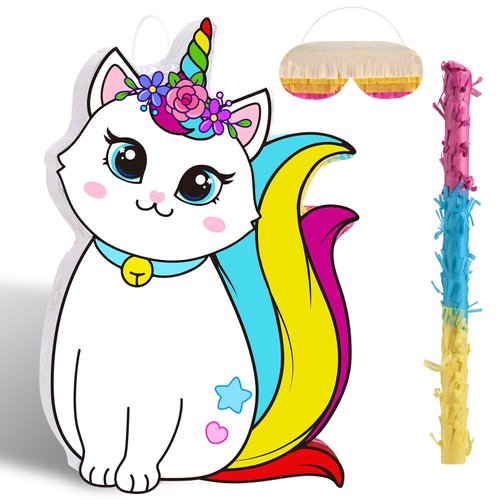Unicorn Cat Piñata Unicorn Birthday Party Piñata Cat Piñatas with Blindfold and Bat Caticorn Piñata for Unicorn Cat Party Favor Birthday Party Decorations, 16 x 11 Inch