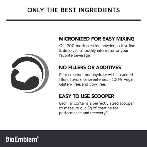 BioEmblem Creatine Monohydrate Powder - Unflavored Micronized Creatine Easily Mixes - Muscle Strength, Workout Recovery, Exercise Performance - 300g Creatine Supplement - Non-GMO, Vegan- 60 Servings