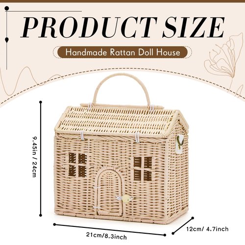 Wettarn Handmade Rattan Doll House Rattan House Shape Shoulder Bag Wicker Basket with Lid for Doll Toys Rattan Storage Basket Small Dollhouses Cute Woven Handcrafted Artwork Gift (Wood Color)