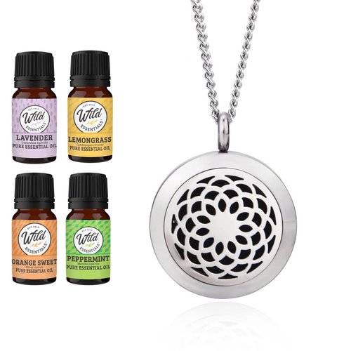 Wild Essentials Sunflower Necklace Essential Oil Diffuser Kit with Lavender, Lemongrass, Peppermint, Orange Oils, 12 Refill Pads, Calming Aromatherapy Gift Set, Customizable Color Changing, Perfume