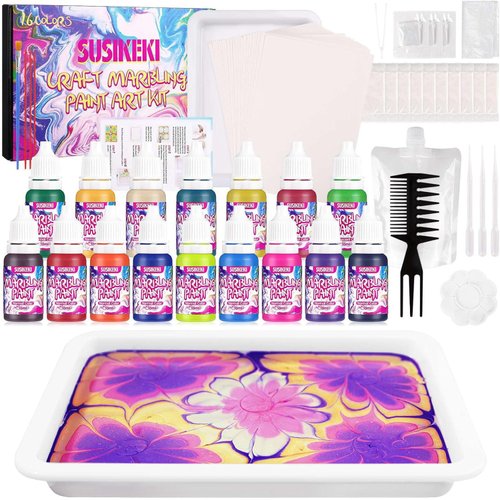 SUSIKEKI Water Marble Painting Kit for Kids, Arts & Crafts for Kids Ages 6-8 8-12, 16 Color, No Need to Wait, Sparkle Pigment, Girls Boys Kids Toys for 5 6 7 8 9 10 11 12 13, for DIY, School Craft
