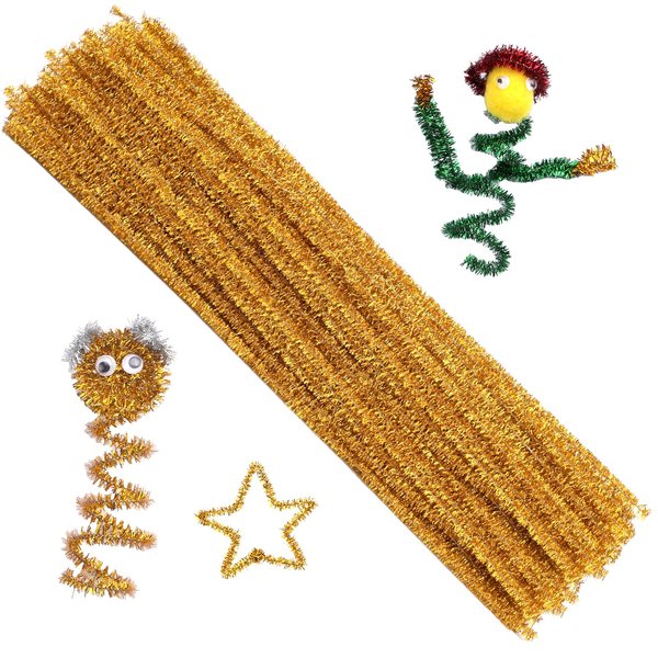 100 Pieces Pipe Cleaners Chenille Stem, Glitter Gold Pipe Cleaners Set for Pipe Cleaners DIY Arts Crafts Decorations, Chenille Stems Pipe Cleaners (Glitter Gold)