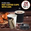 Fit Meal Prep [250 Pack 12 oz Insulated Ripple Triple Wall Paper Coffee Cups with Lids, Disposable, Anti Slip & Anti Scalding Hot Cups for Travel, Home, Office