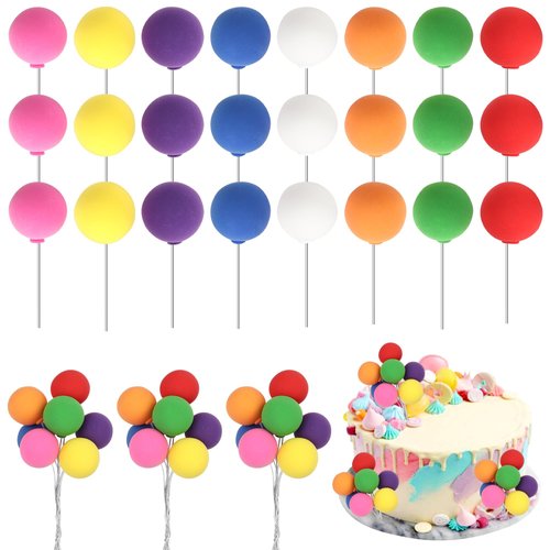 24 PCS Mini Balloon Cake Toppers Colorful Rainbow Ball Cake Topper Round DIY Clay Balls Cupcake Toppers for Baby Shower Kids Birthday Wedding Party Cake Decorations Supplies Rainbow Colors