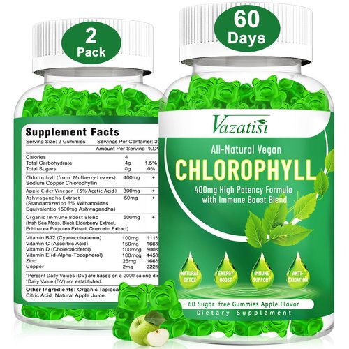 2 Pack Sugar Free Chlorophyll Gummies for Women Men, Adult & Kids, Organic Chlorophyll 400mg with Sea Moss Vitamin C & Zinc for Body Odor Skin Energy Immune Support Deodorant, Apple Flavor 120 Ct