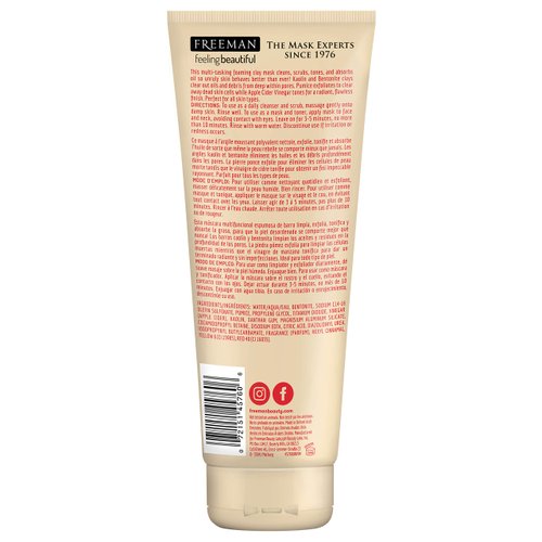 Freeman Cleansing Apple Cider Vinegar Clay Mask & Facial Scrub, Face Mask Tones, Purifies, Flawless Complexion, Clay and Pumice Exfoliate Pores, All Skin Types, 6 fl.oz./175 mL Tube
