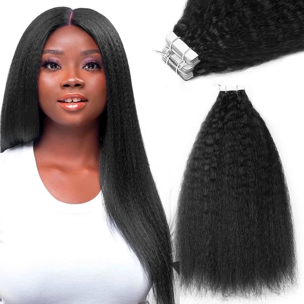 Jet Black Kinky Straight Tape In Extensions Human Hair for Black Women Tape In Hair Extensions Real Human Hair 40pcs Niawigs Kinky Straight Tape Ins (18 Inches, 1 Jet Black Tape Ins)