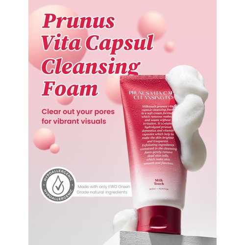 MILKTOUCH Prunus Vita Capsule Foaming Cleanser for All Skin Types | Foaming Face Wash for Oily Skin Gentle Face Cleanser | Gentle Hydrating Facial Cleanser Moisturizing Face Wash, 10.14 fl oz