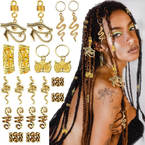 NAISKA 20PCS Gold Snake Dreadlock Accessories Locs Hair Jewelry for Women Hair Beads Braids Snake Vintage African Pendant Handmade Braid Coils Hair Clips Rings Cuffs DIY Decoration