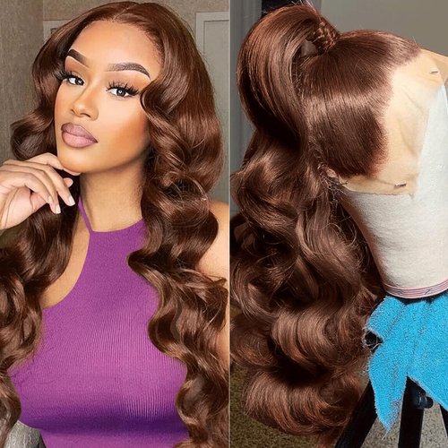 YUPEWG 360 Lace Front Wigs Human Hair Pre Plucked 200 Density HD Lace Front Wigs Human Hair Chocolate Brown Lace Front Wigs Human Hair 360 Wig Human Hair Full Lace for Women 22 Inch