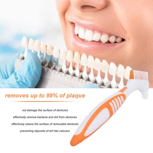 Sonew Dual Head Denture Toothbrush, Remove Plaque for Partial, Half, Complete Dentures Cleaning (Orange)