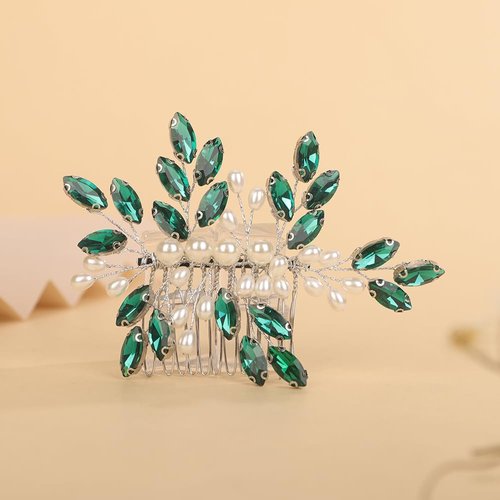 Teyglen Emerald Green Rhinestone Wedding Hair Comb Bridal Pearl Crystal Hair Comb Hair Accessories for Bride Headpiece Hair Piece for Women (Peacock green)