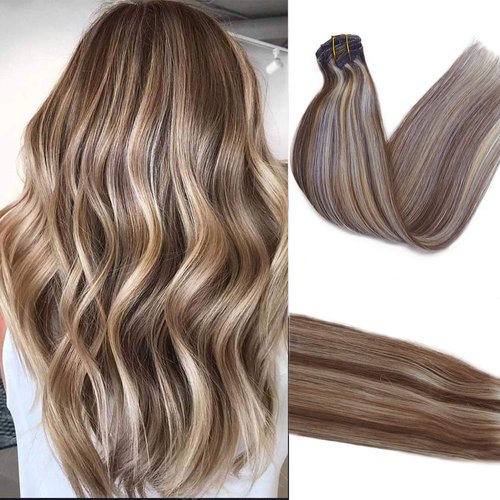 15inch Clip in Hair Extensions Brown with Blonde Highlighted Remy Silky Straight Human Hair Extensions Blonde Balayage 70g Thicken from Top to End 7Pcs