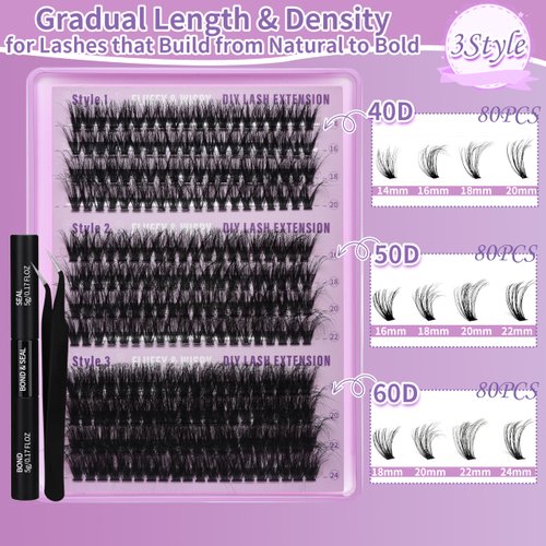 Lash Extension Kit Wispy Lash Clusters Kit 40D+50D+60D Fluffy Lash Clusters Kit 14-24mm Eyelash Extension Kit 3 Styles Eyelash Clusters with Bond and Seal Lash Glue and Tweezers by FOINEMYED
