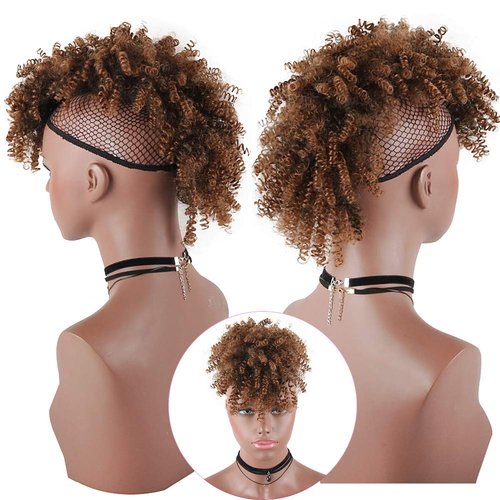 Aisaide High Puff Afro Ponytail Drawstring,Short Curly Ponytail Extension,Mohawk Kinky Synthetic Hair Bun with Bangs,Wrap Updo Clip in Hair Extensions with Six Clips and Two Comb