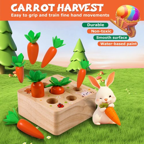 FZGGBO Montessori Toys for 1 Year Old, Montessori Baby Carrots Toy for 12 Months, Educational Wooden Carrot Harvest Game for Shape Sorting & Easter Toys, Birthday Gifts for Babies Boys Girls