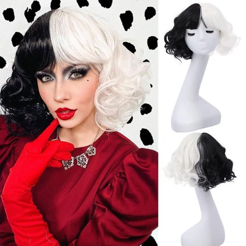 RightOn Black White Wig Short Curly Wig with Bangs Synthetic Wigs Black White Wig Split Wigs with Wig Cap