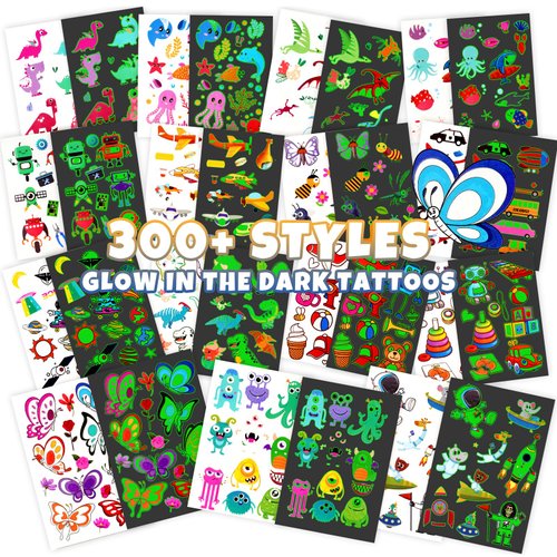 Yocieco Temporary Tattoo for Kids, 300+ Pcs Glow in the Dark Tattoos Kids Stickers, Luminous Party Supplies with Car/Dinosaur/Space/Butterfly Favors for Boys Girls