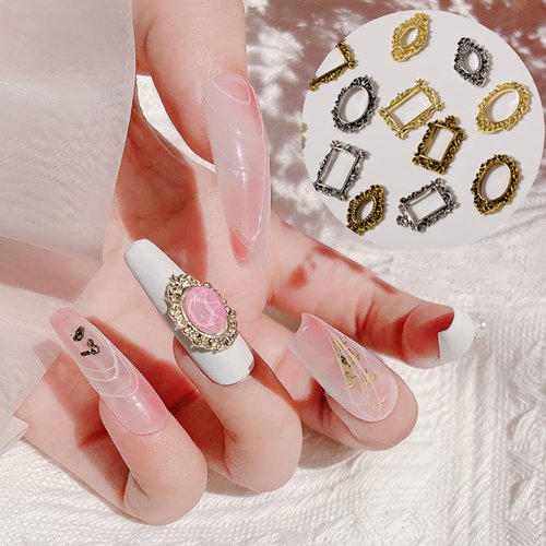SILPECWEE 60pcs Retro Nail Charms Metal Punk Nail Jewels Engraved Nail Frame Charms for Nails 3D Nail Art Charms Flat-Back Nail Studs Nail Art Decoration for DIY Craft