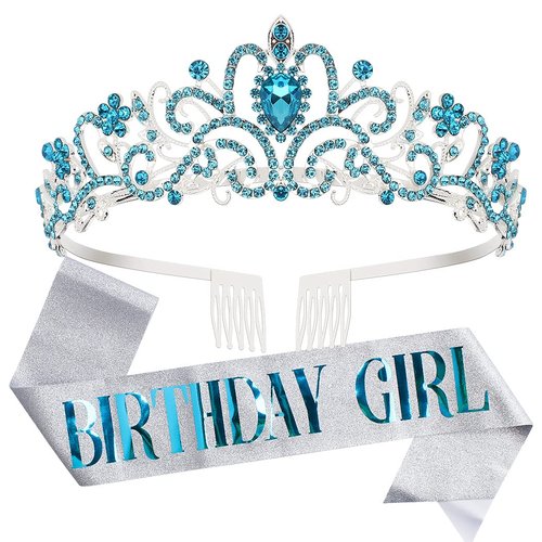 Birthday Crowns for Women, Didder Blue Birthday Girl Sash & Rhinestone Tiara Kit, Birthday Crown Birthday Sash and Tiara for Women Tiaras and Crowns for Women Girls Birthday Tiara Hair Accessories