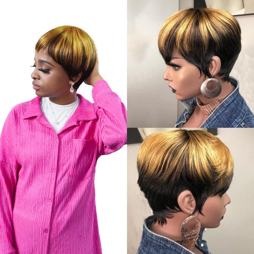 Short Human Hair Wigs Pixie Cut Wig for Black Women Short Wigs Human Hair Natural Color Pixie Wigs Wear and Go Glueless Full Machine Made Human Hair Wigs (1B/4/30)