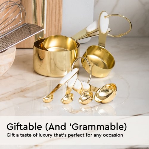 White & Gold Measuring Cups and Spoons Set - Cute 8PC Stainless Steel with Silicone Handle Kitchen Accessories