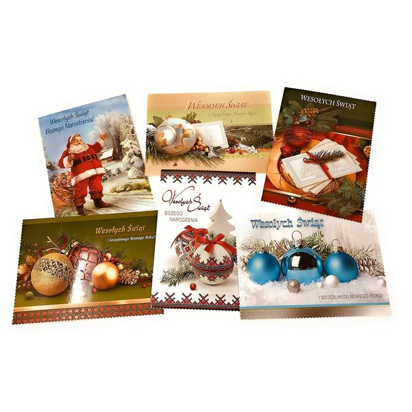 Traditional Polish Christmas Greeting Cards with Glitter, Set of 6 (6.5" x 4.7", Christmas theme)