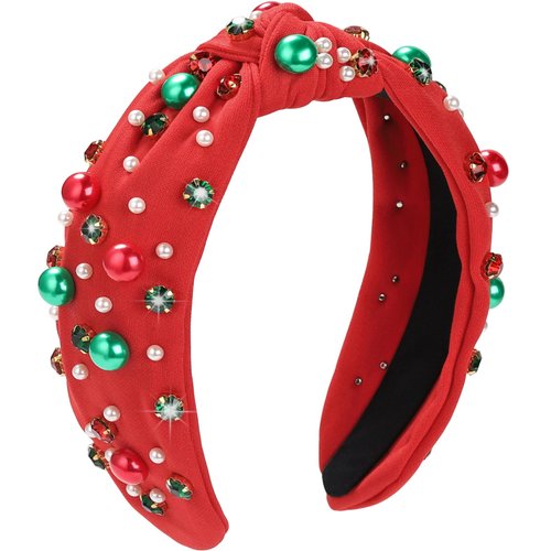 WantGor Pearl Knotted Headband, Women Rhinestone Embellished Hairband Elegant Wide Top Knot Bride Headbands Headpieces Party Fashion Elegant Ladies Hair Band Hair Hoop Accessories (Christmas Red)