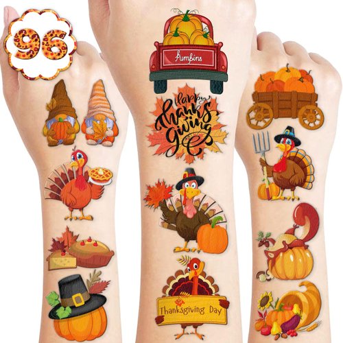 Happy Thanksgiving Temporary Tattoos Stickers Hello Fall Autumn Birthday Party Decorations Supplies Favors Decor 96PCS Cute Pumpkin Leaf Turkey Tattoo Gifts For Kids Adults Boys Girls Prizes Holiday