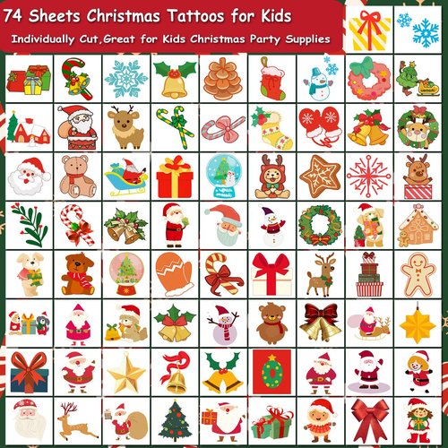 CHARLENT Christmas Temporary Tattoos for Kids - 74 Individually Sheets Christmas Tattoos for Kids Christmas Xmas Party Favors, Stocking Stuffer, Christmas Eve Gift
