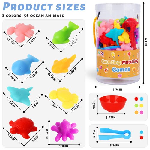 AMOR PRESENT 64PCS Counting Animals for Toddlers, Ocean Animal Matching Game Color Sorting Toys Montessori Educational Toys for Toddlers Ages 3 4 5 6
