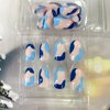 24 Pcs Blue Press on Nails Short, Oval Shape Fake Nails Almond Glossy Full Cover Reusable False Nails French Stripe Wave Artificial Acrylic Nails Women Glue on Nails Manicure Stick on Nails for Set