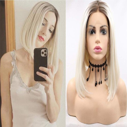 Sylvia Wig 14" Platinum Blonde Ombre Bob Hairstyle Synthetic Lace Front Bob Wigs Brown Roots Short Straight Wigs Heat Resistant Fiber Hair for Woman…