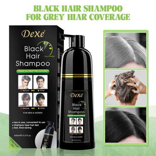 Black Hair Dye Shampoo for Gray Hair, DEXE Semi-Permanent Hair Color Shampoo for Women and Men, Simple to Use and Lasts 30 Days-Fast Acting, Herbal Ingredients and Ammonia Free (14 Fl oz)