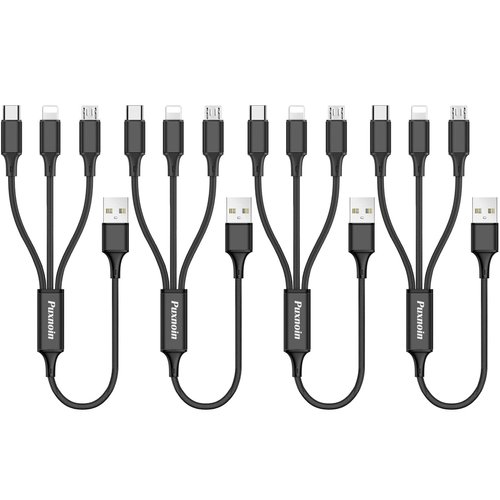 Puxnoin Multi Charging Cable, 4Pack Multi Charger Cable Short 1FT Braided Universal 3 in 1 Multiple USB Cable Charging Cord with Type-C, Micro USB Port Connectors for Cell Phone, Tablets