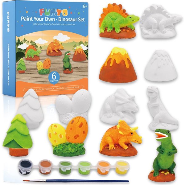 Funto Paint Your Own Dinosaurs Painting Kit, Arts and Crafts Set, STEAM Project Creative Activity DIY Toys, with 6 Figurines, 6 Paint Pots, 1 Brush